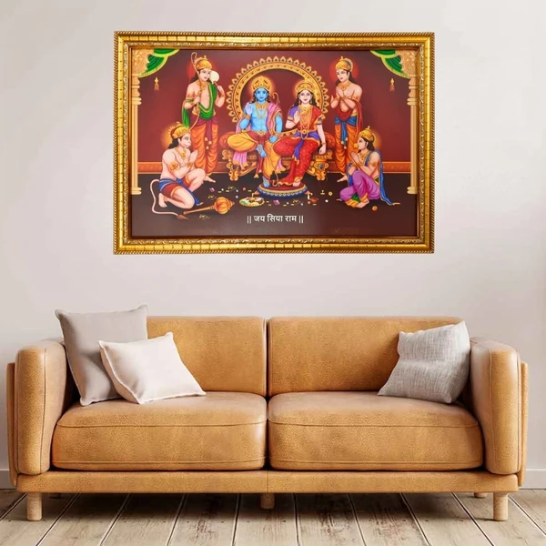 SAJA KAR DEKHO HD SHREE RAM DARBAR HD PHOTO WITH CYNTHATIC WOODEN FRAME / High Quality Golden Frame