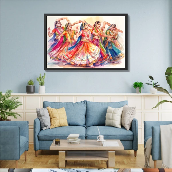 Indian Girls Dancing In Lehenga Choli Woman Lady Painting High Quality Weather Resistant HD Wall Frame  | 18 x 12 inch |
