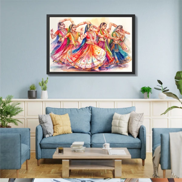 SAJA KAR DEKHO Indian Girls Dancing In Lehenga Choli Woman Lady Painting High Quality Weather Resistant HD Wall Frame  | 18 x 12 inch | - 18 X 12 inch