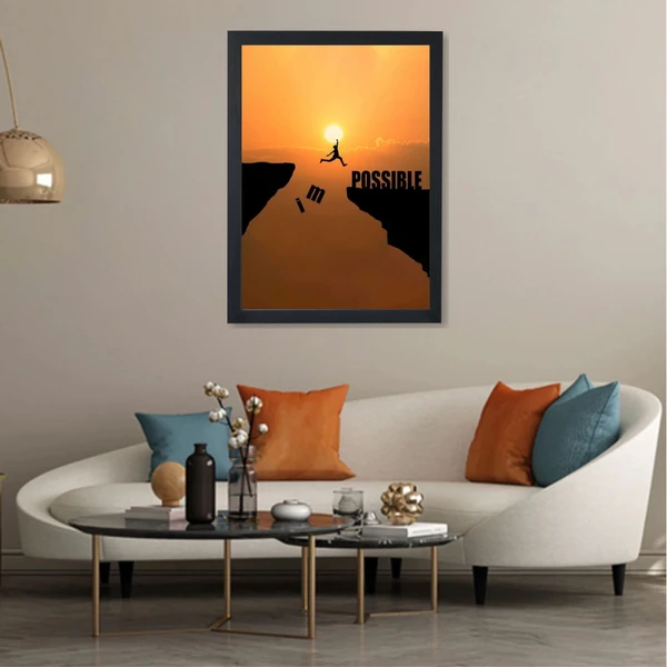 SAJA KAR DEKHO Mindset Concept, Silhouette Man Jumping Over Impossible And Possible Wording On Cliff With Cloud Sky And Sunlight Art High Quality Weather Resistant HD Wall Frame | 18 x 12 inch | - 18 X 12 inch