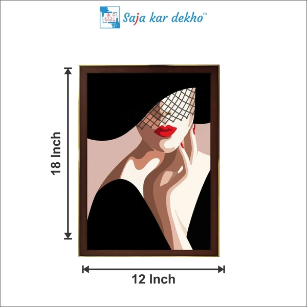 SAJA KAR DEKHO Girl Red Lips And Hat High Quality Weather Resistant HD Wall Frame | 18 x 12 inch | - 18 X 12 inch