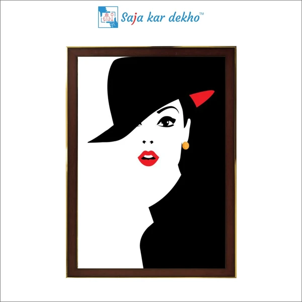 SAJA KAR DEKHO Woman Red Lipstick With Hat High Quality Weather Resistant HD Wall Frame | 18 x 12 inch | - 18 X 12 inch