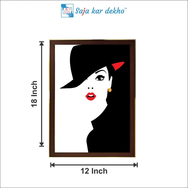 SAJA KAR DEKHO Woman Red Lipstick With Hat High Quality Weather Resistant HD Wall Frame | 18 x 12 inch | - 18 X 12 inch