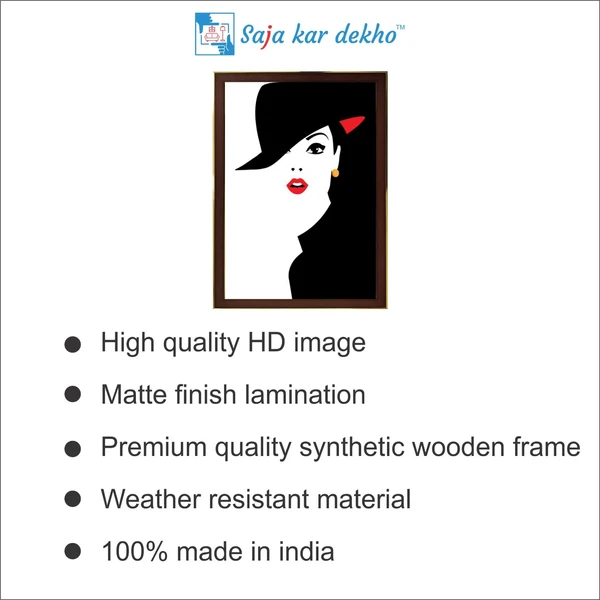 SAJA KAR DEKHO Woman Red Lipstick With Hat High Quality Weather Resistant HD Wall Frame | 18 x 12 inch | - 18 X 12 inch