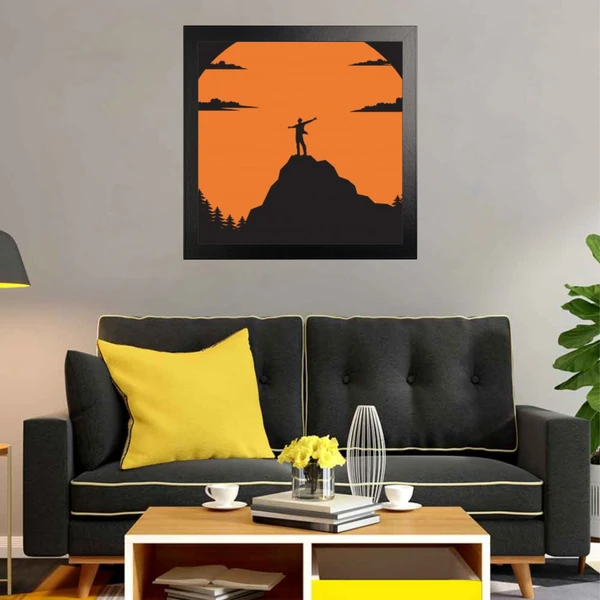 SAJA KAR DEKHO Man Silhouette Mountain Sun High Quality Weather Resistant HD Wall Frame | 20 x 20 inch | - 20 X 20 inch