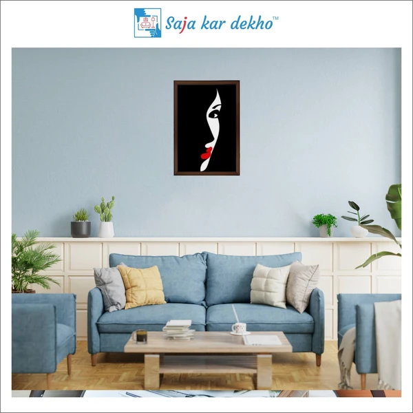 SAJA KAR DEKHO Portrait Of Woman With Red Lips High Quality Weather Resistant HD Wall Frame | 18 x 12 inch | - 18 X 12 inch