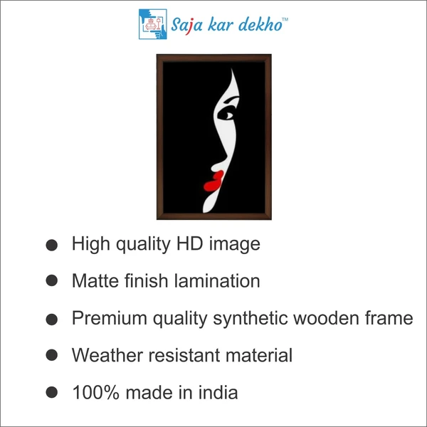 SAJA KAR DEKHO Portrait Of Woman With Red Lips High Quality Weather Resistant HD Wall Frame | 18 x 12 inch | - 18 X 12 inch