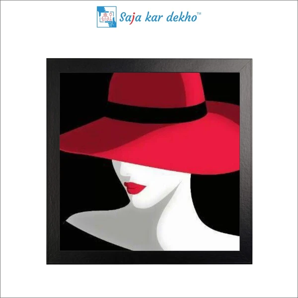 SAJA KAR DEKHO Woman In Hat With Red Lip Art High Quality Weather Resistant HD Wall Frame | 20 x 20 inch | - 18 X 12 inch