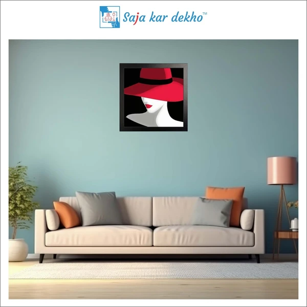 SAJA KAR DEKHO Woman In Hat With Red Lip Art High Quality Weather Resistant HD Wall Frame | 20 x 20 inch | - 18 X 12 inch