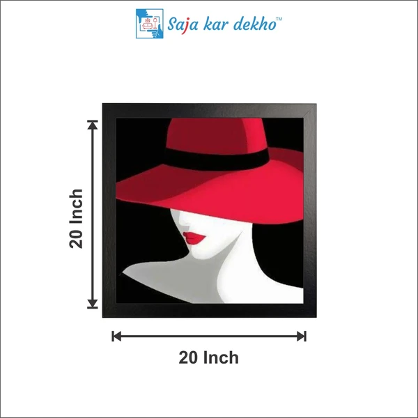 SAJA KAR DEKHO Woman In Hat With Red Lip Art High Quality Weather Resistant HD Wall Frame | 20 x 20 inch | - 18 X 12 inch