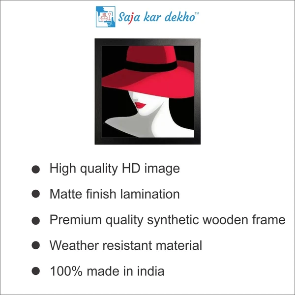 SAJA KAR DEKHO Woman In Hat With Red Lip Art High Quality Weather Resistant HD Wall Frame | 20 x 20 inch | - 18 X 12 inch