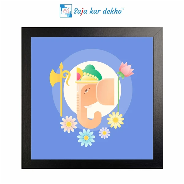 SAJA KAR DEKHO Ganesh Ji Face With Flowers High Quality Weather Resistant HD Wall Frame | 20 x 20 inch | - 20 X 20 inch