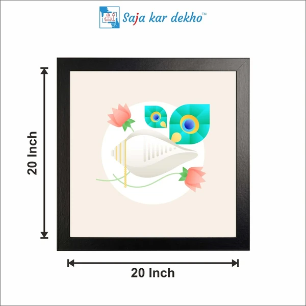 SAJA KAR DEKHO Conch (Shankh) And Lotus, Peacock Feather High Quality Weather Resistant HD Wall Frame | 20 x 20 inch | - 20 X 20 inch