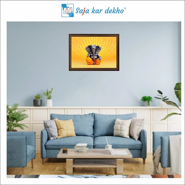 SAJA KAR DEKHO Ganesh Ji With Yellow Background High Quality Weather Resistant HD Wall Frame | 12 x 18 inch | - 12 X 18 inch