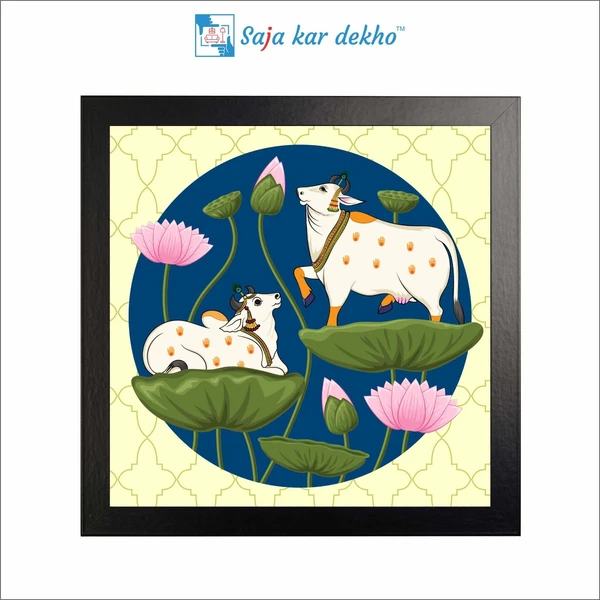 SAJA KAR DEKHO Two Cow And Lotus Flowers High Quality Weather Resistant HD Wall Frame | 20 x 20 inch | - 20 X 20 inch