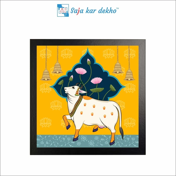 SAJA KAR DEKHO Beautiful Cow, Lotus, Four Bell With Yellow Background High Quality Weather Resistant HD Wall Frame | 20 x 20 inch | - 20 X 20 inch