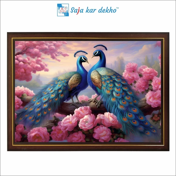 SAJA KAR DEKHO Two Peacock With Pink Flowers High Quality Weather Resistant HD Wall Frame | 12 x 18 inch | - 12 X 18 inch