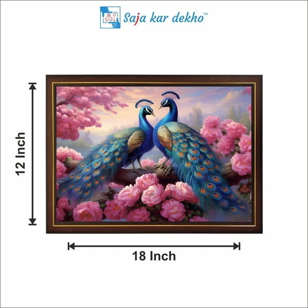 SAJA KAR DEKHO Two Peacock With Pink Flowers High Quality Weather Resistant HD Wall Frame | 12 x 18 inch | - 12 X 18 inch