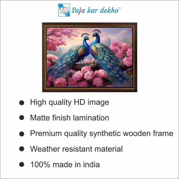 SAJA KAR DEKHO Two Peacock With Pink Flowers High Quality Weather Resistant HD Wall Frame | 12 x 18 inch | - 12 X 18 inch