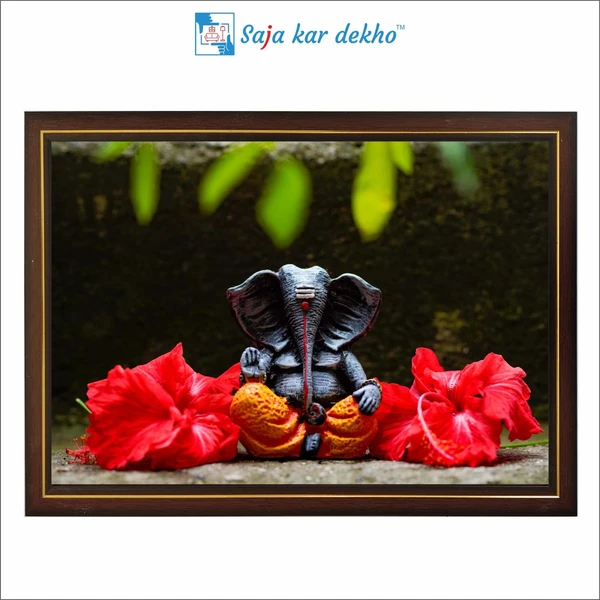 SAJA KAR DEKHO Ganesh Ji With Red Flowers High Quality Weather Resistant HD Wall Frame | 12 x 18 inch | - 12 X 18 inch