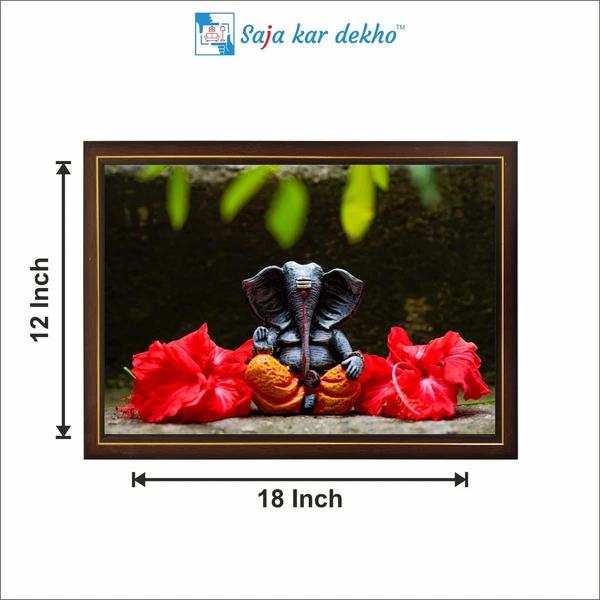 SAJA KAR DEKHO Ganesh Ji With Red Flowers High Quality Weather Resistant HD Wall Frame | 12 x 18 inch | - 12 X 18 inch