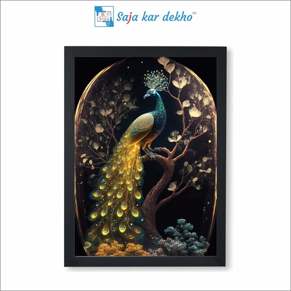 SAJA KAR DEKHO Beautiful Peacock With Beautiful Background High Quality Weather Resistant HD Wall Frame | 12 x 18 inch | - 12 X 18 inch