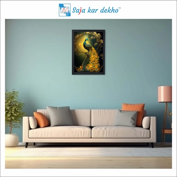 SAJA KAR DEKHO Beautiful Peacock With Beautiful Background High Quality Weather Resistant HD Wall Frame | 12 x 18 inch | - 12 X 18 inch