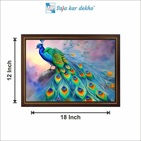 SAJA KAR DEKHO Peacock With Beautiful Background High Quality Weather Resistant HD Wall Frame | 12 x 18 inch | - 12 X 18 inch
