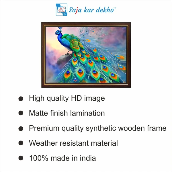 SAJA KAR DEKHO Peacock With Beautiful Background High Quality Weather Resistant HD Wall Frame | 12 x 18 inch | - 12 X 18 inch