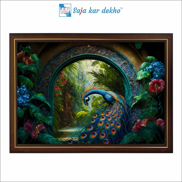 SAJA KAR DEKHO Peacock With Beautiful Background High Quality Weather Resistant HD Wall Frame | 12 x 18 inch | - 12 X 18 inch