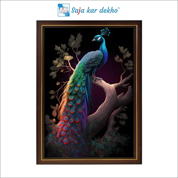 SAJA KAR DEKHO Peacock Sit In Tree High Quality Weather Resistant HD Wall Frame | 12 x 18 inch | - 12 X 18 inch