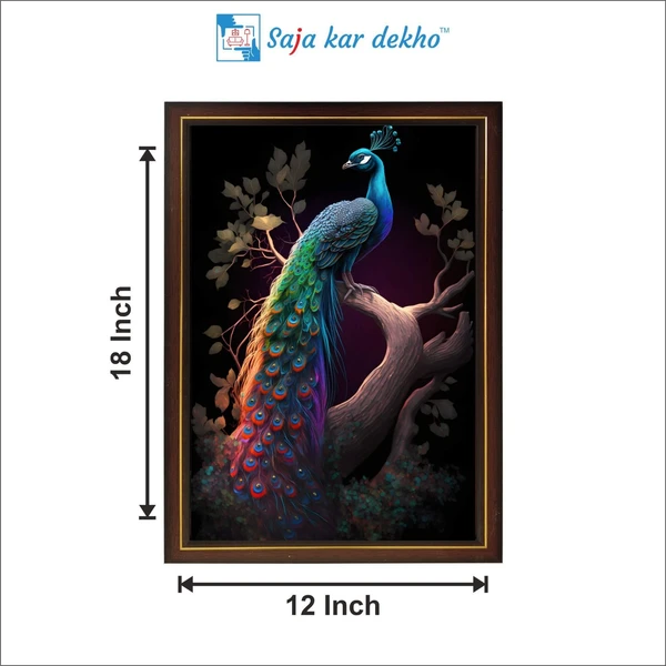 SAJA KAR DEKHO Peacock Sit In Tree High Quality Weather Resistant HD Wall Frame | 12 x 18 inch | - 12 X 18 inch