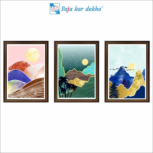 SAJA KAR DEKHO Colorful Mountain, Tree And Sun High Quality Weather Resistant HD Wall Frame | 18 x 12 inch | - 18 X 12 inch