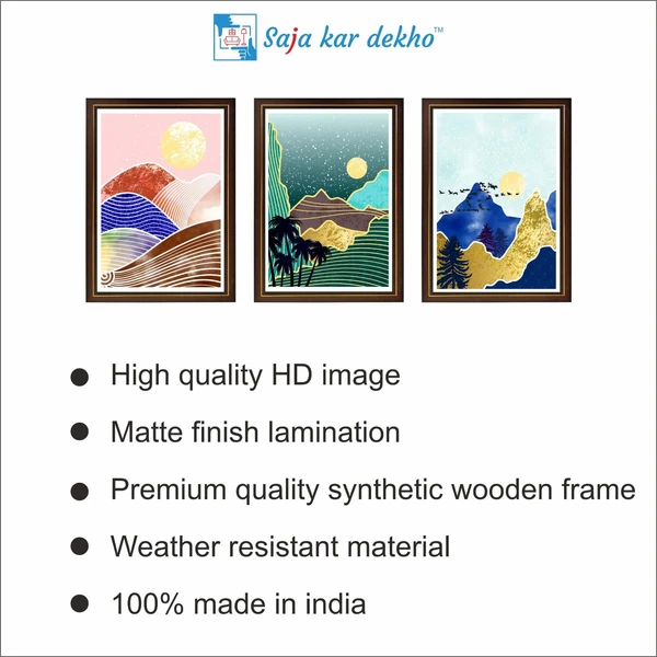 SAJA KAR DEKHO Colorful Mountain, Tree And Sun High Quality Weather Resistant HD Wall Frame | 18 x 12 inch | - 18 X 12 inch