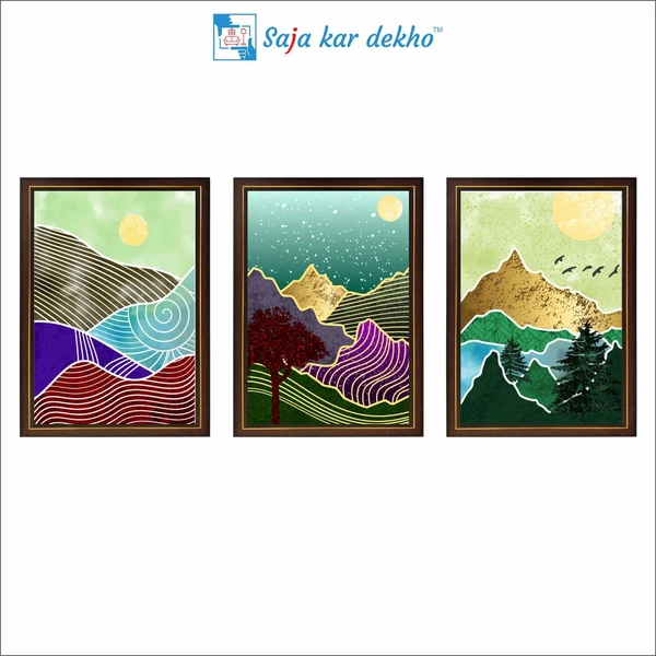 SAJA KAR DEKHO Colorful Mountain, Tree, Birds And Sun High Quality Weather Resistant HD Wall Frame | 18 x 12 inch | - 18 X 12 inch