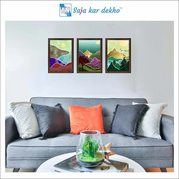 SAJA KAR DEKHO Colorful Mountain, Tree, Birds And Sun High Quality Weather Resistant HD Wall Frame | 18 x 12 inch | - 18 X 12 inch