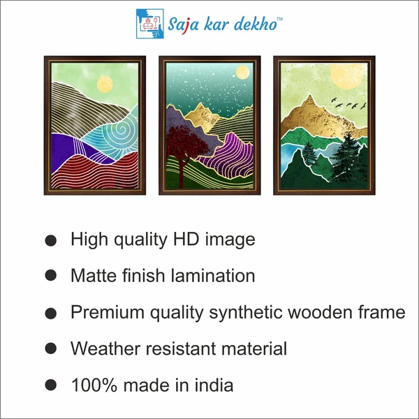 SAJA KAR DEKHO Colorful Mountain, Tree, Birds And Sun High Quality Weather Resistant HD Wall Frame | 18 x 12 inch | - 18 X 12 inch