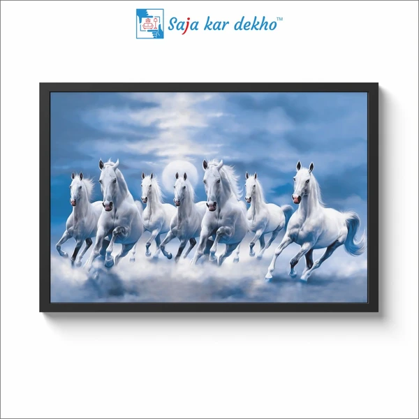 Seven Lucky Running Vastu Horses Art Framed Painting Ocean Blue theme  (18 x 12 inch) - 18 x 12 inch