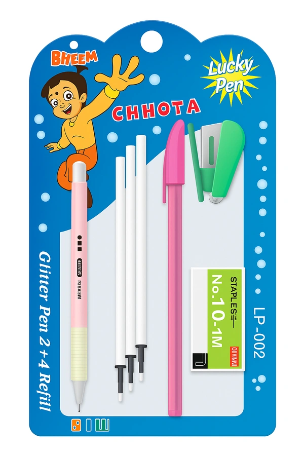 "Chhota Bheem Glitter Pen Set with 4 Refills, Pen Cap, Sharpener & Staples – Kids School Stationery Kit"