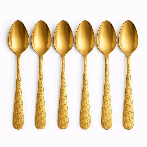 "Premium Gold Plated Stainless Steel Spoon Set – 6 Pcs, Elegant Diamond Handle Design, Rust-Free & Durable"