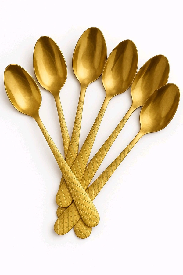 "Premium Gold Plated Stainless Steel Spoon Set – 6 Pcs, Elegant Diamond Handle Design, Rust-Free & Durable"