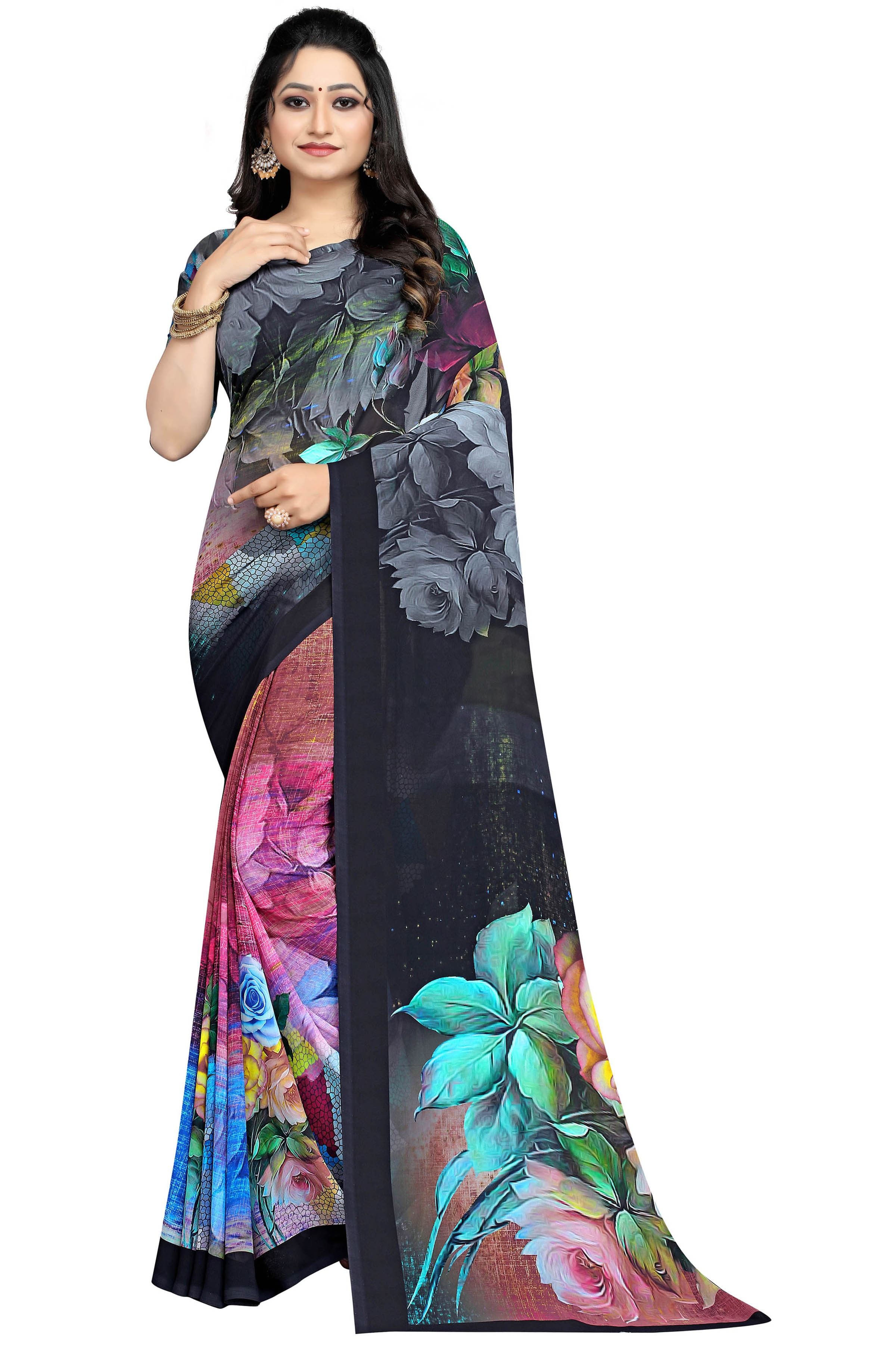 Wine Casual Wear Floral Printed Georgette Saree