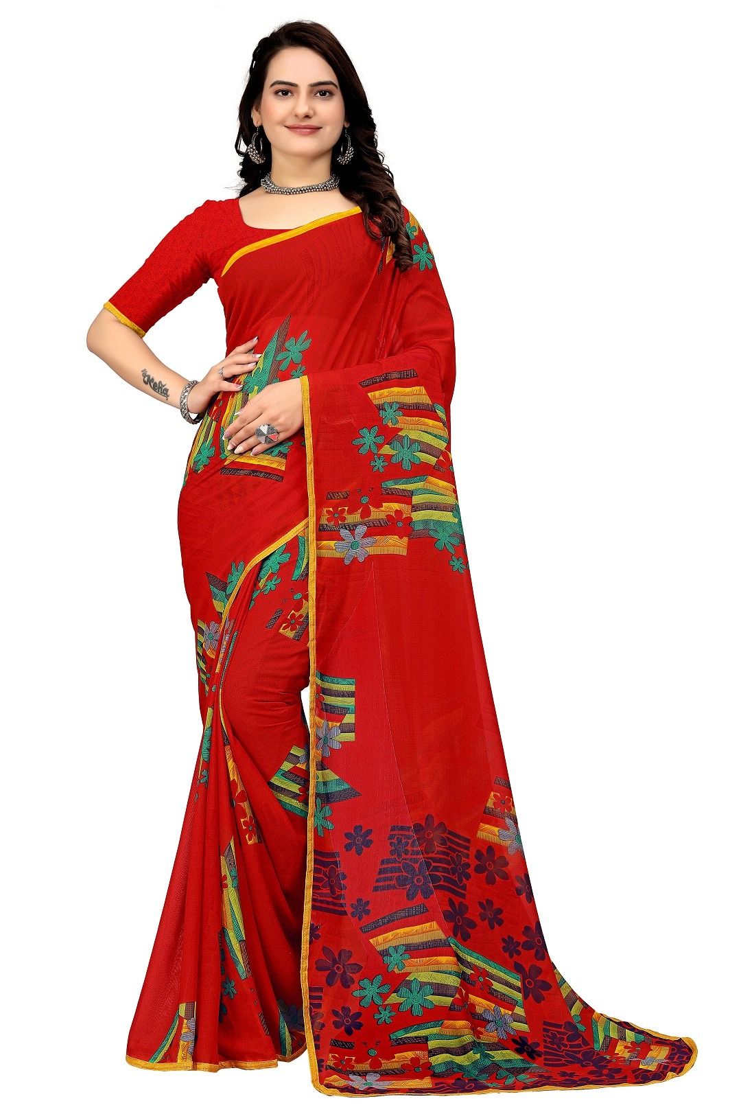Plain Red and Black Georgette Sarees, 6.5 m at Rs 1999 in Surat | ID:  16535456491