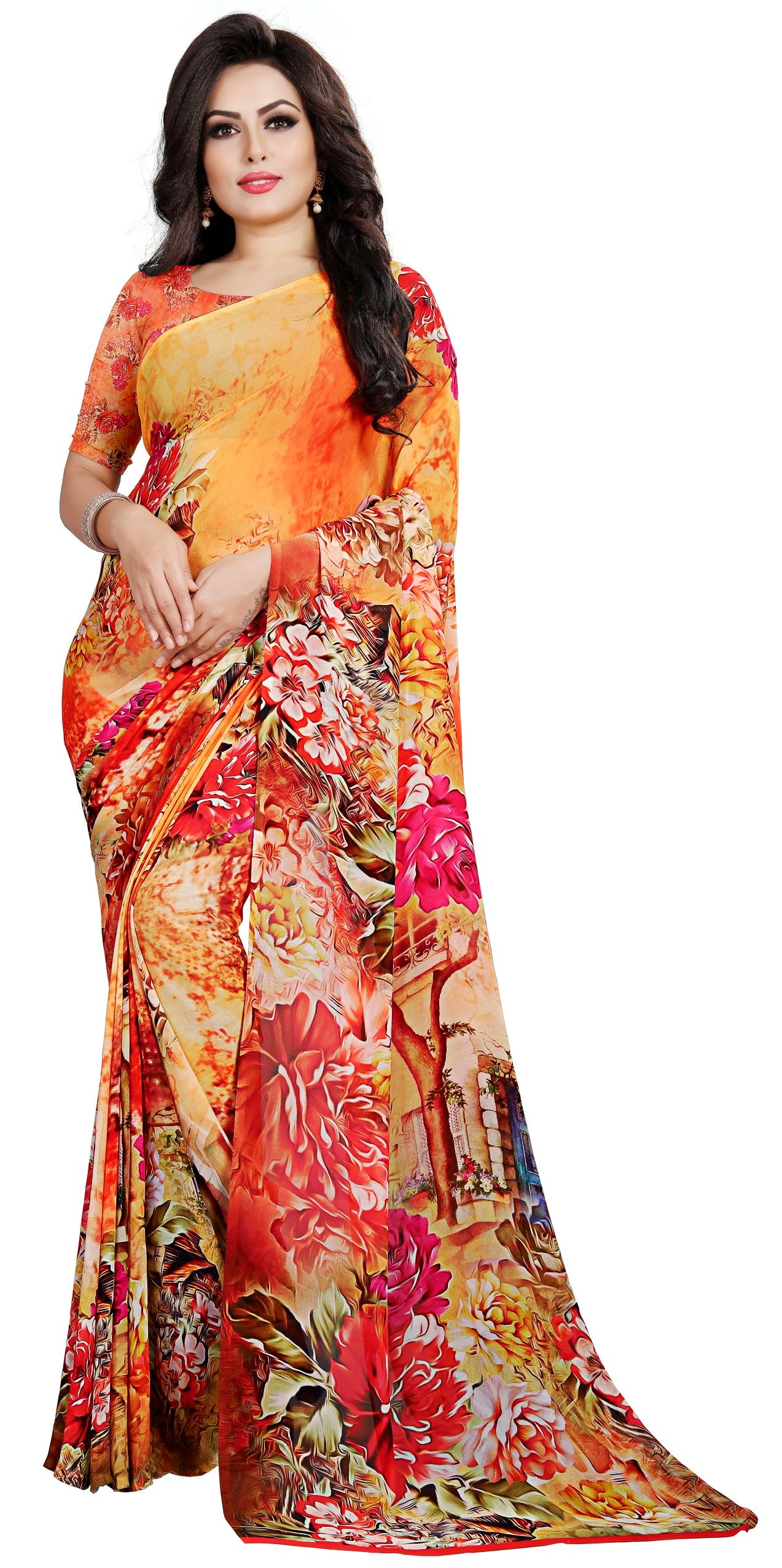 Buy Bunai Ivory Floral Sharara Fusion Georgette Saree Online