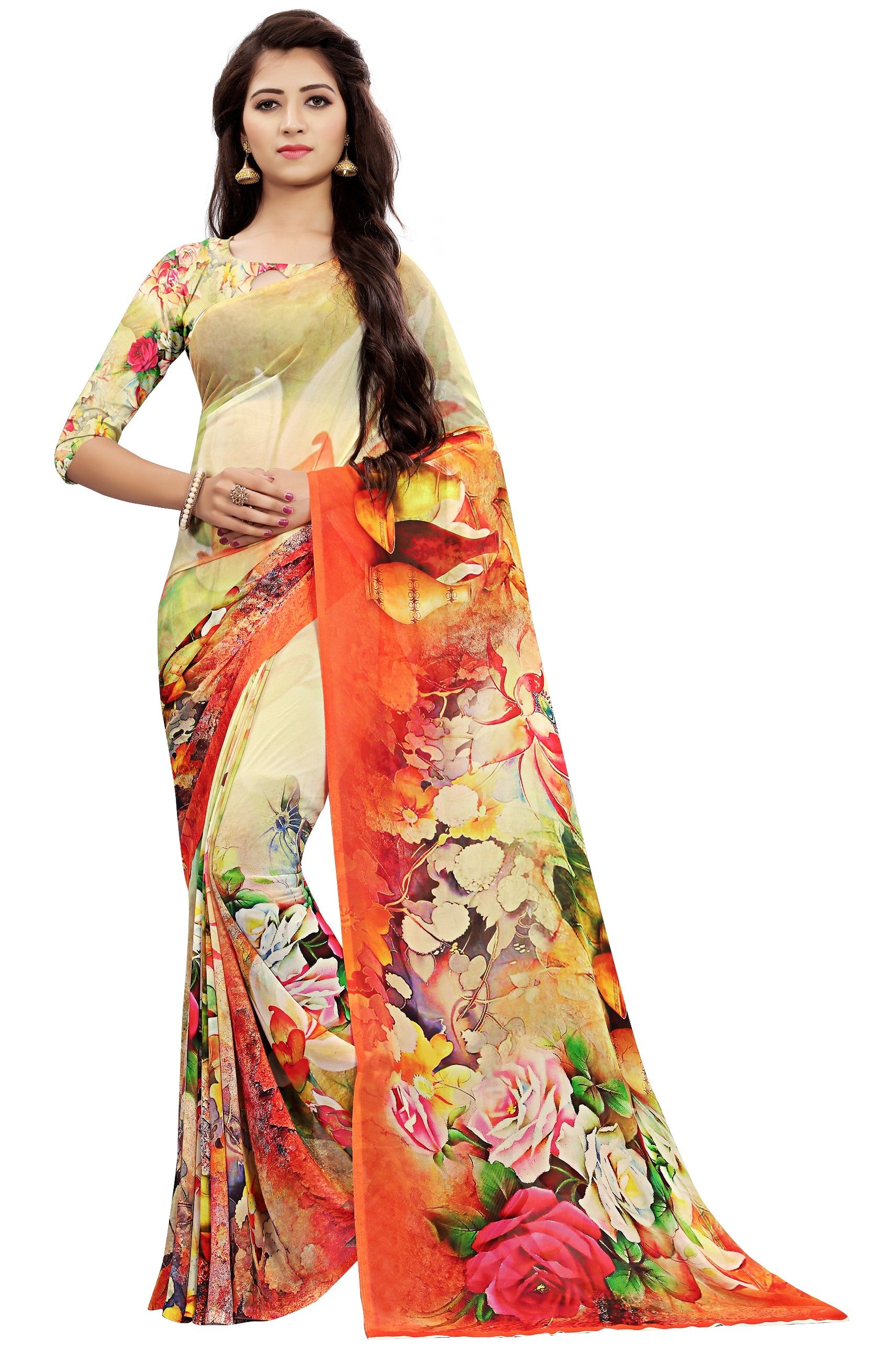 Buy Grey Organza Digital Printed Saree N Pink Blouse Festive Wear Online at  Best Price | Cbazaar