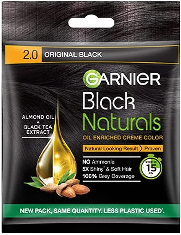 Garnier, Hair Colouring Crème, 100% Grey Coverage, Softening and Increased Shine, Black Naturals, 2.0 Original Black, 20g + 20ml - Black, 20g