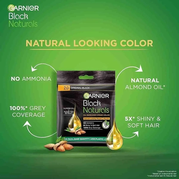 Garnier, Hair Colouring Crème, 100% Grey Coverage, Softening and Increased Shine, Black Naturals, 2.0 Original Black, 20g + 20ml - Black, 20g