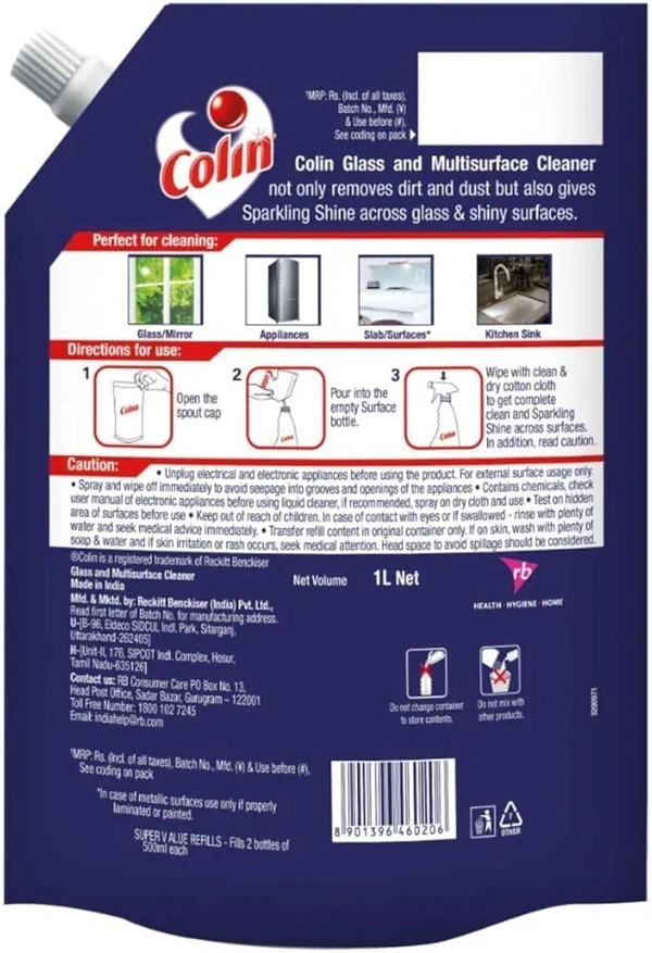 Colin 1 Litre Refill + 500ml Spray, Glass and Surface Cleaner Liquid India's #1 Glass Cleaner for Car, Kitchen and Home Surfaces | Multi Surface Cleaner - 500ml