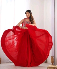 GabaTimes  Designer Fully Stitched Lehenga  - S, Red
