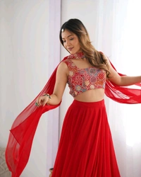 GabaTimes  Designer Fully Stitched Lehenga  - S, Red